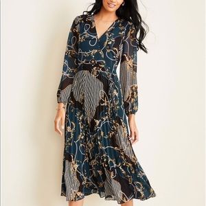 SCROLL PLEATED WRAP DRESS